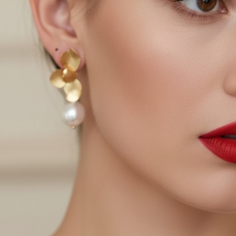 Gold Leaf Pearl Earrings